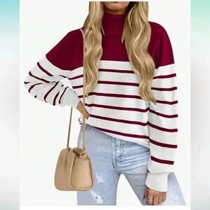 Women’s loose relaxed fit ribbed color block striped turtle neck size medium